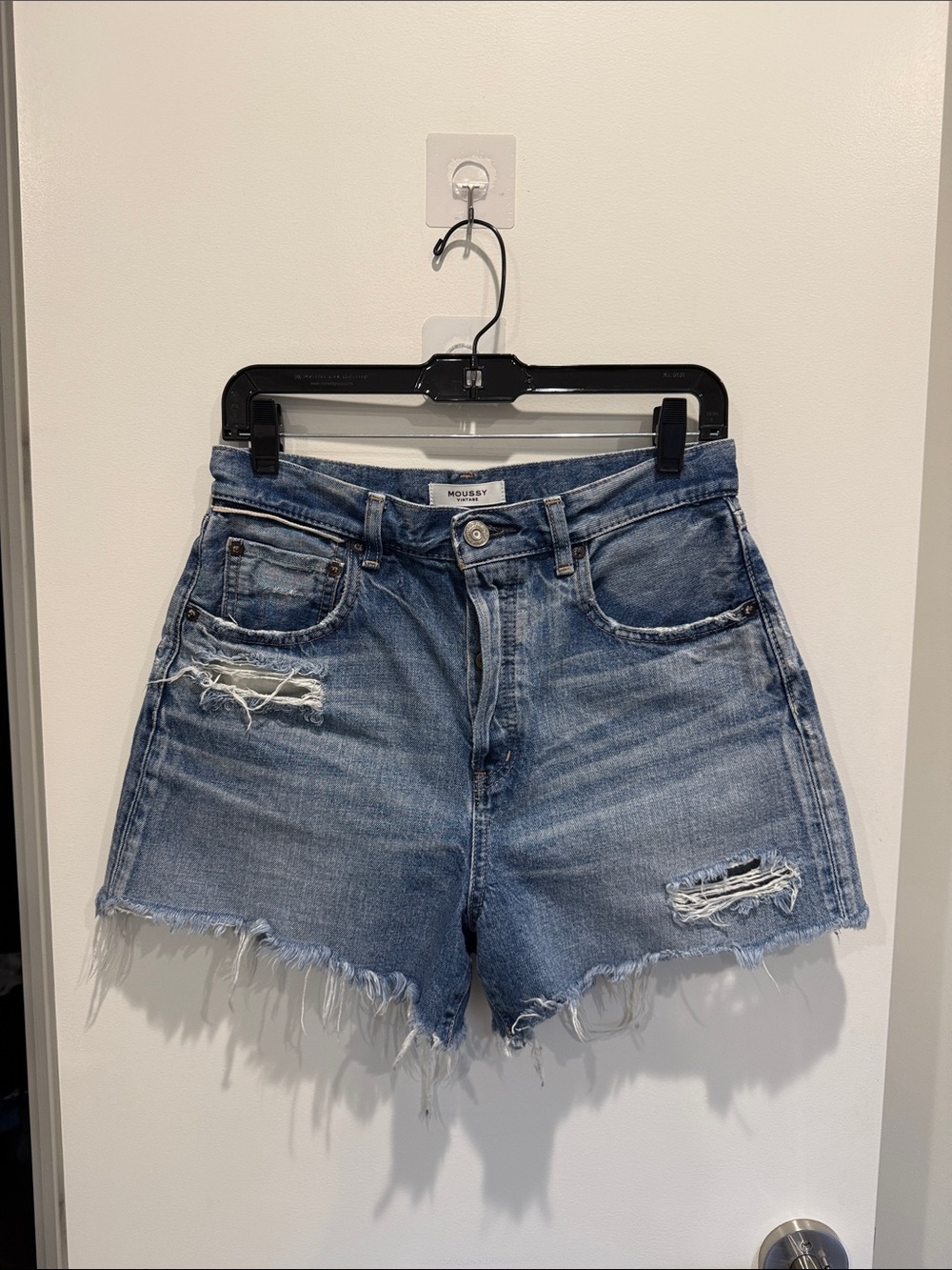 Moussy Medium Wash Distressed High-Rise Denim Shorts - Blue